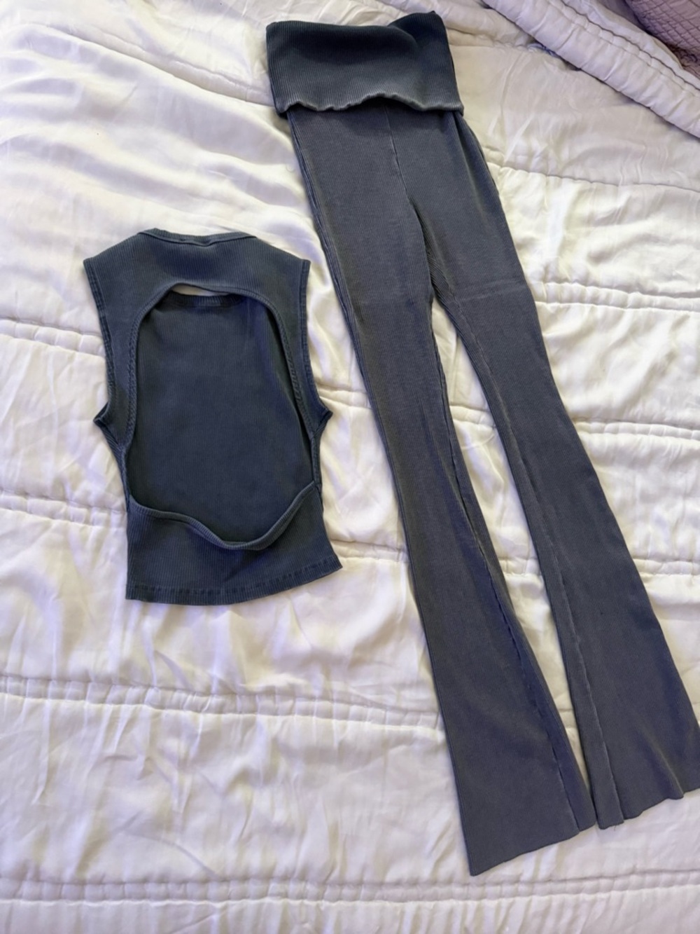 Zara Ribbed High-Waist Flared Pants Set in Charcoal Gray